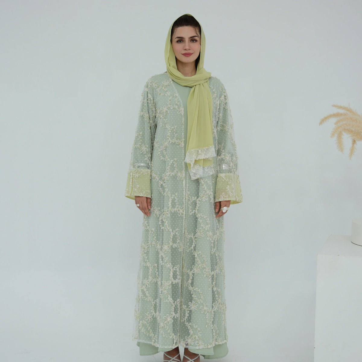 MH135 3D Floral Mesh Cardigan Abaya Set with Hijab – Elegant Modest Open Front Dress for Muslim Women