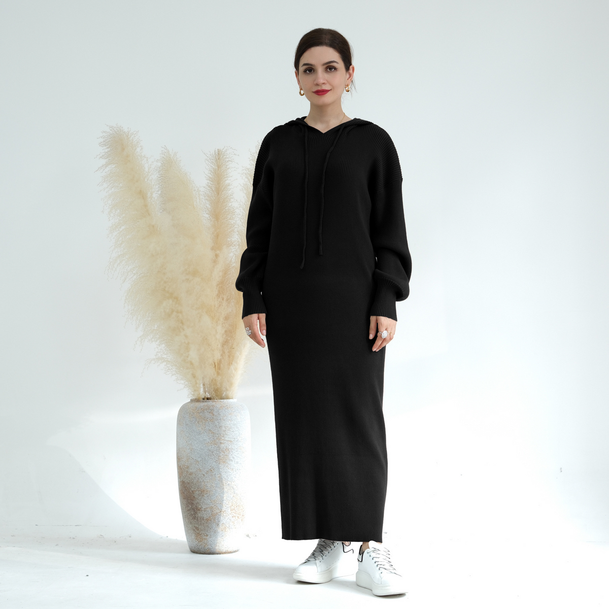 MH79 Hooded Abaya for Women – Thick-Knit Oversized Sweater Dress, Long Sleeve Modest Islamic Dress
