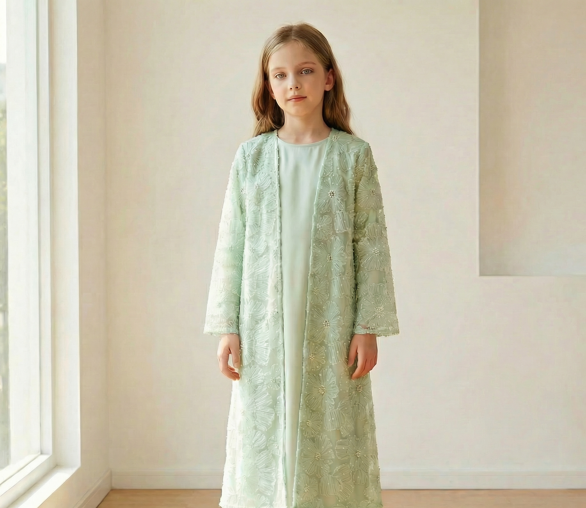 MH122 | Girls 2-Piece Mesh Flower Bead Jacket & Satin Dress Set | Ages 7–14