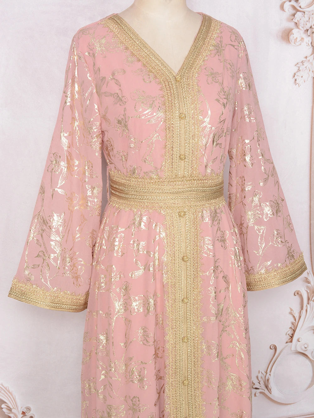 MH84 Summer Dubai Abaya Dress | Lightweight Gold Print Modest Maxi Kaftan