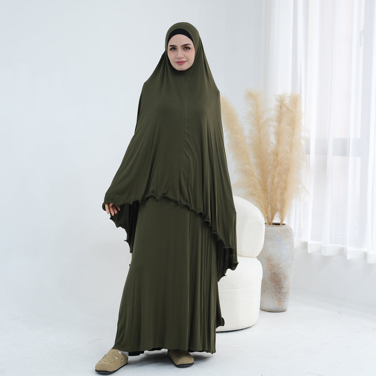 Modal Jersey Prayer Outfit Set – One-Piece Khimar & Long Dre | model wearing | Maha The Label modest wear