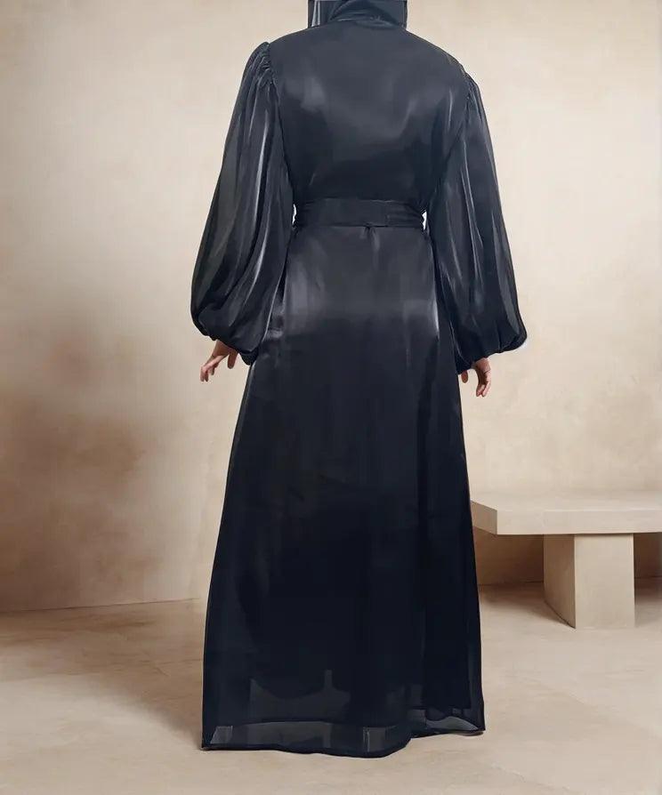 Premium Eid Abaya | Shiny Open Abaya with Balloon Sleeves-BLACK - Mahathelabel