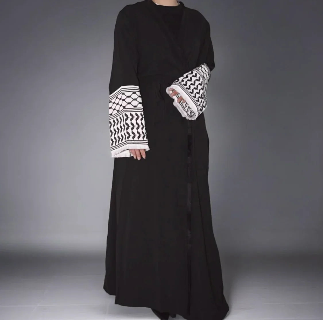 Keffiyeh Kimono Abaya – Belted Robe with Tassels (Cardigan + | view 16 | Maha The Label modest fashion outfit