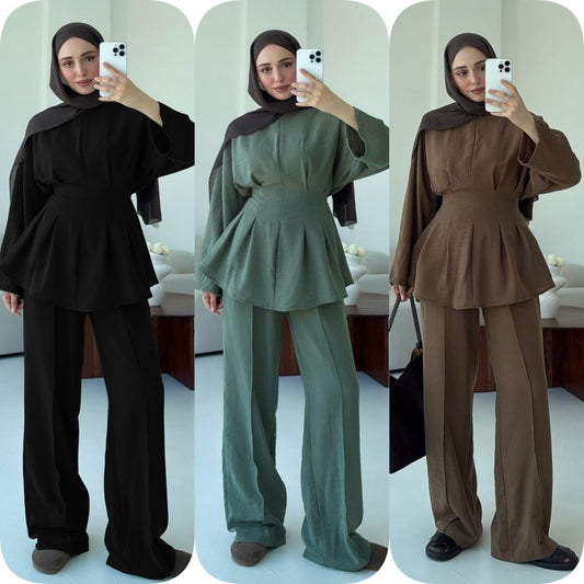 MH92 Modest Two-Piece Set – Ice-Silk Crepe Peplum Tunic & Wide-Leg Pants | Office • Travel • Eid Outfit