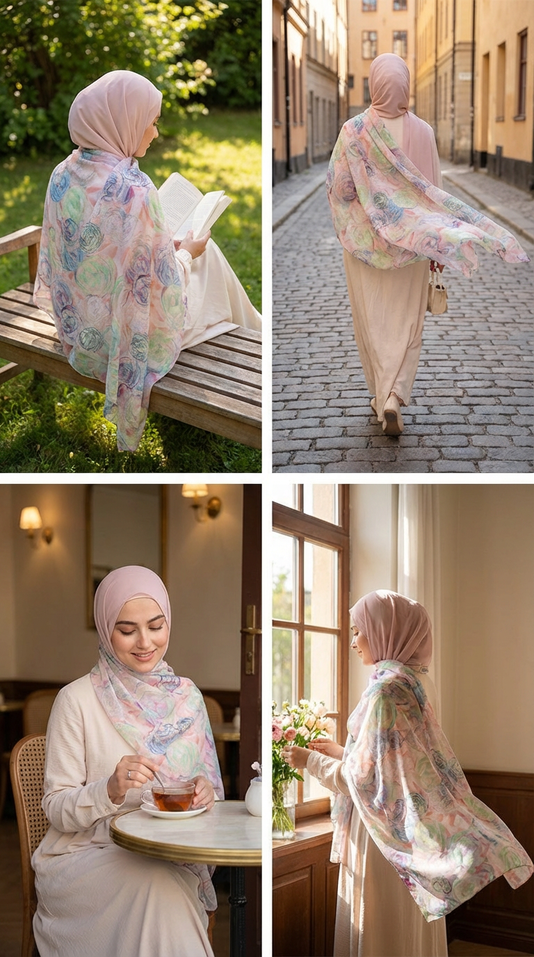 Diamond Pink Rose Mulberry Silk Scarf - Luxury Print Shawl | | full length view | Maha The Label hijab scarf