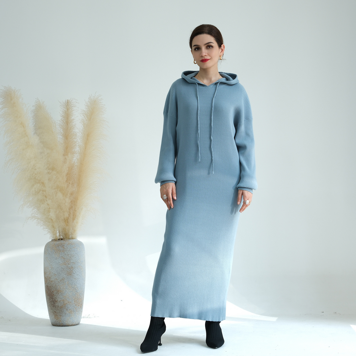 MH79 Hooded Abaya for Women – Thick-Knit Oversized Sweater Dress, Long Sleeve Modest Islamic Dress