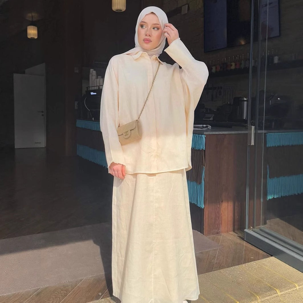 | Retro Lapel Cardigan Shirt & Long Skirt Set | Loose Modest | lifestyle wear | Maha The Label modest fashion outfit