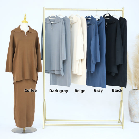 MH99 Thick Knit Two-Piece Set – Loose Sweater & Maxi Skirt for Winter