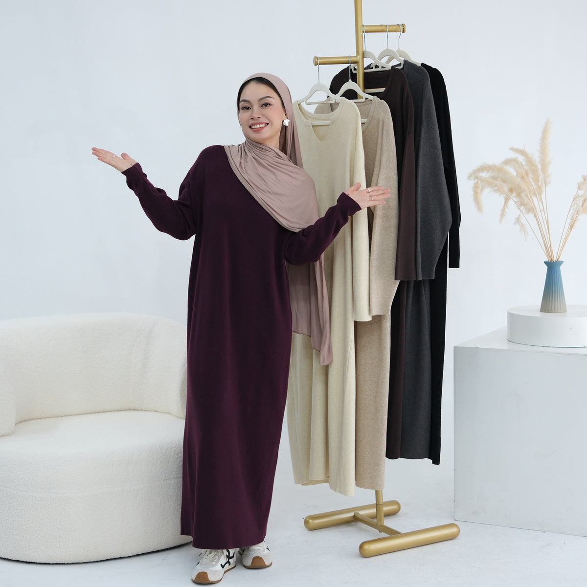 Autumn Winter Knit Maxi Dress for Muslim Women | Modest Long | front view | Maha The Label modest wear