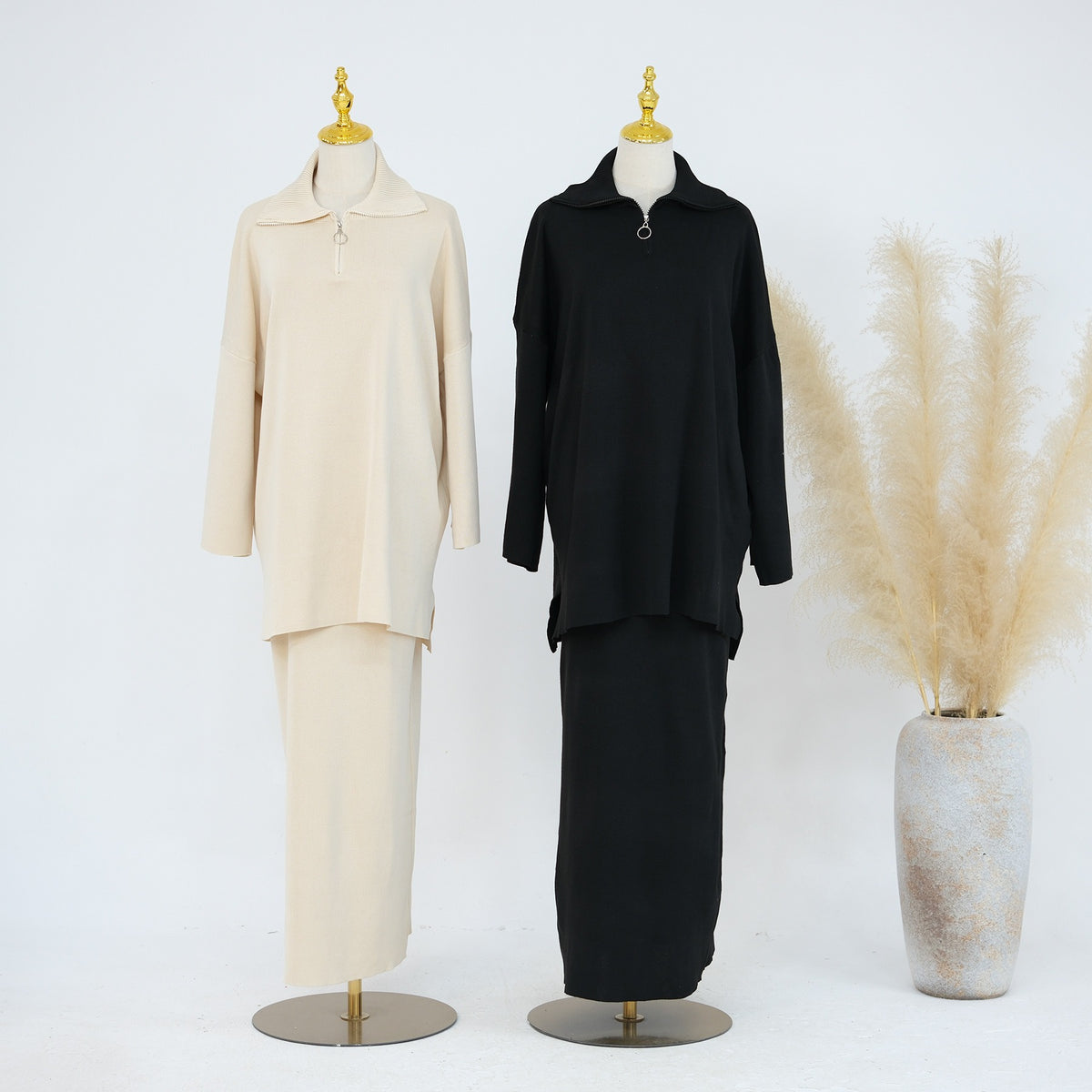 MH99 Thick Knit Two-Piece Set – Loose Sweater & Maxi Skirt for Winter