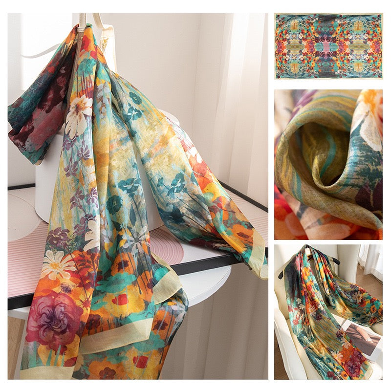 Colorful Blooms Mulberry Silk Scarf - Luxury Print Shawl | P | lifestyle wear | Maha The Label hijab scarf