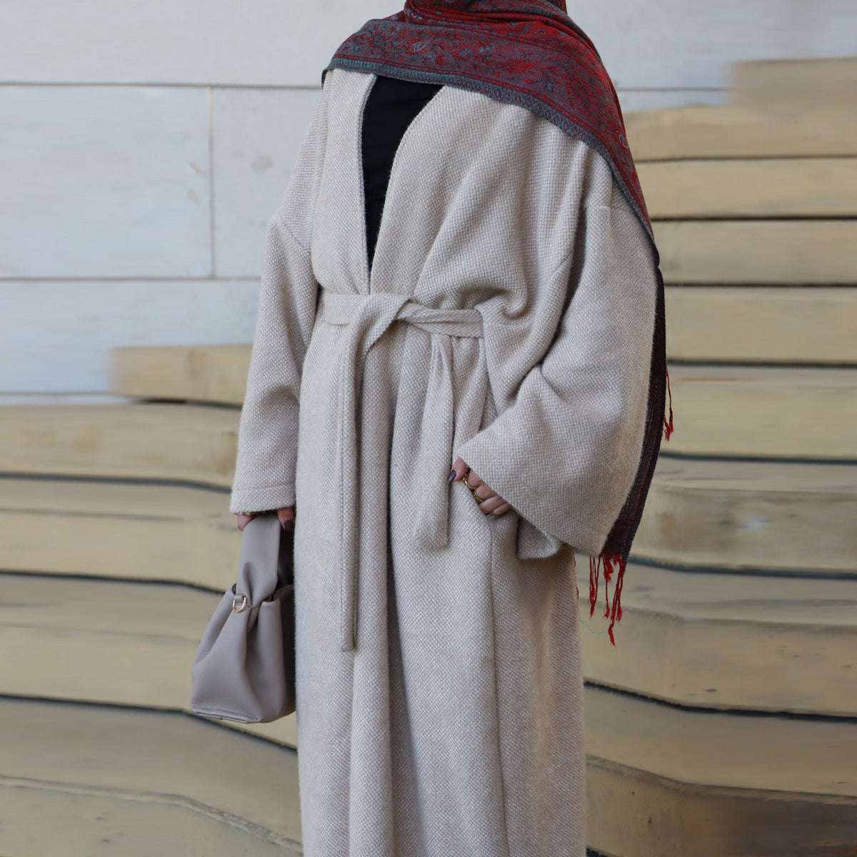 MH97 Velvet Open Abaya Cardigan with Belt – Long Sleeve Modest Outerwear