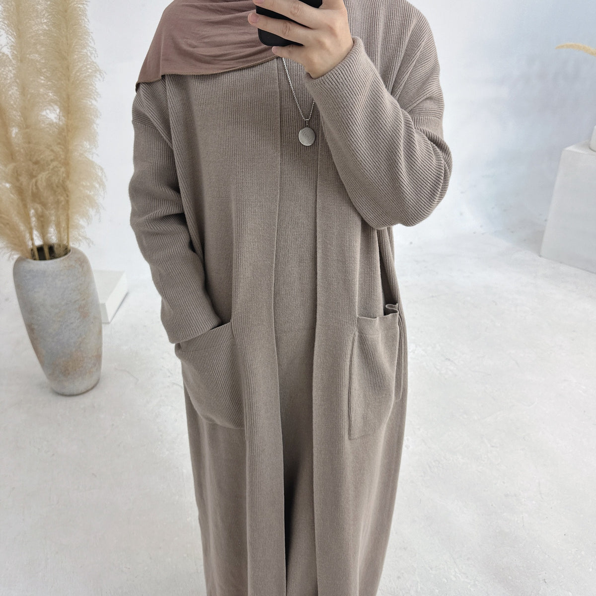 MH82 Winter Knit Abaya Set – 2-Piece Modest Co-ord (Open Cardigan + Inner Dress) with Pockets
