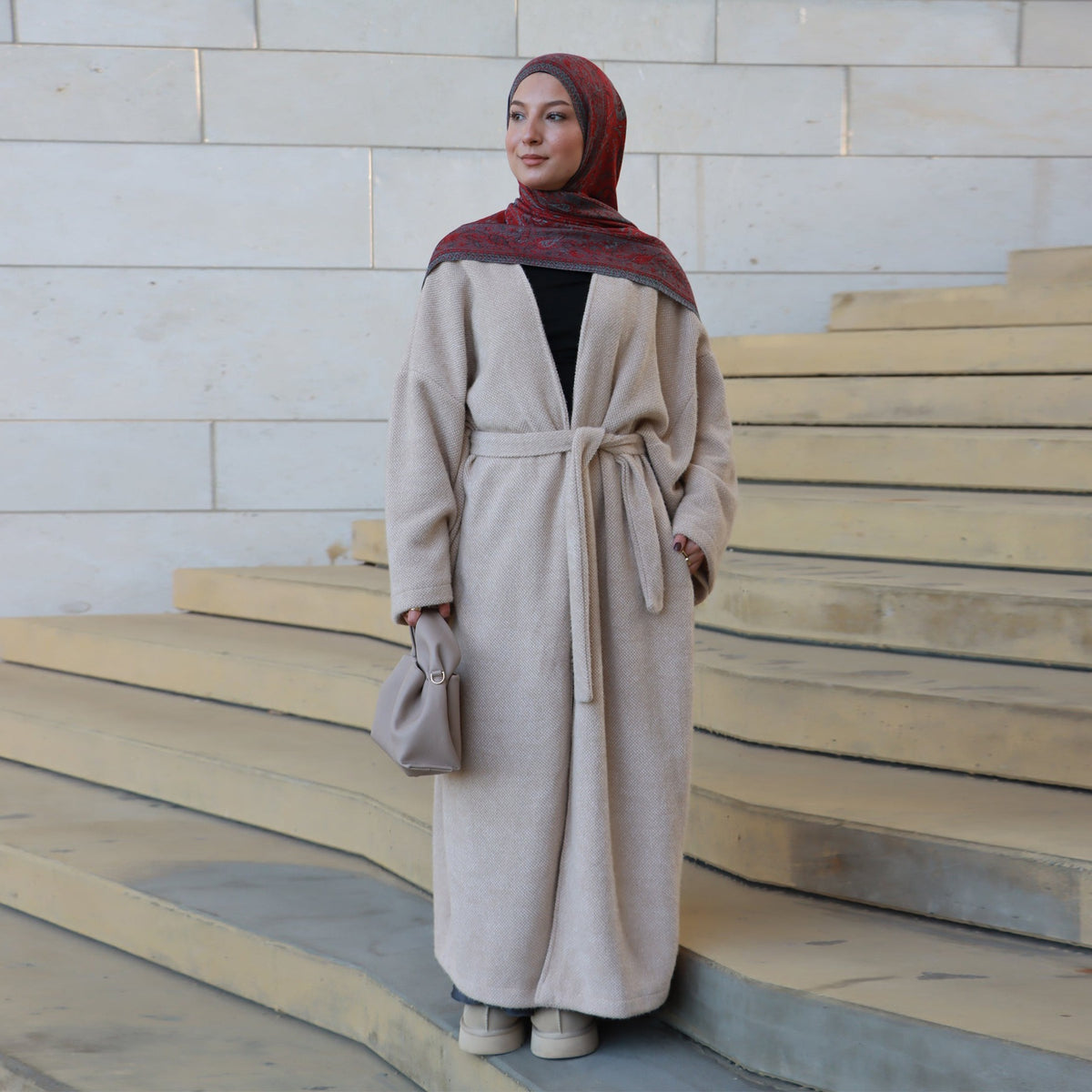MH97 Velvet Open Abaya Cardigan with Belt – Long Sleeve Modest Outerwear