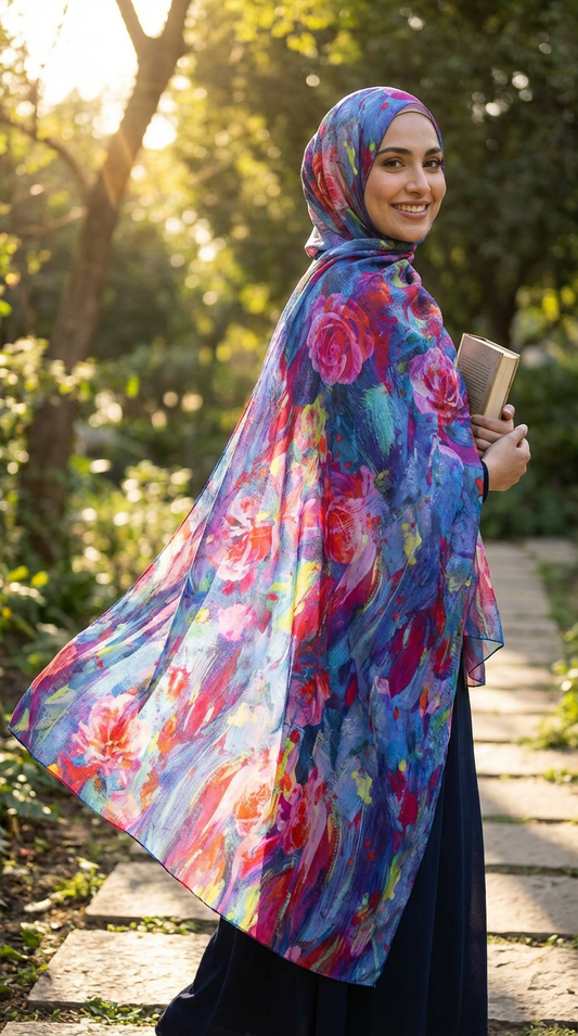 Deep Blue Rose Mulberry Silk Scarf - Luxury Print Shawl | Pr | front view | Maha The Label hijab scarf