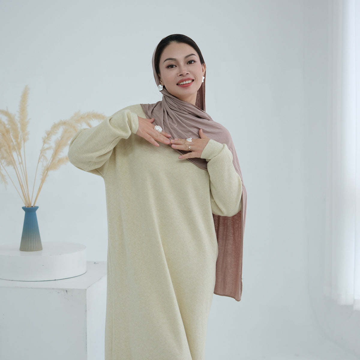 Autumn Winter Knit Maxi Dress for Muslim Women | Modest Long | back view | Maha The Label modest wear