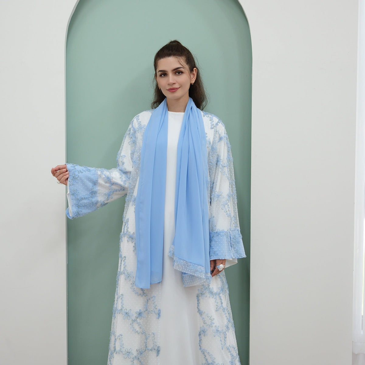 MH135 3D Floral Mesh Cardigan Abaya Set with Hijab – Elegant Modest Open Front Dress for Muslim Women