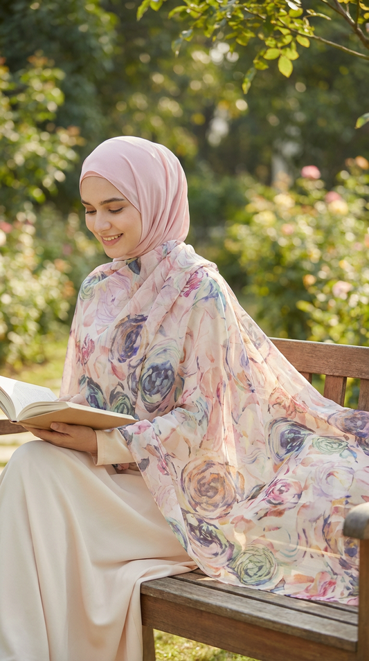 Diamond Purple Rose Mulberry Silk Scarf - Luxury Print Shawl | front view | Maha The Label hijab scarf