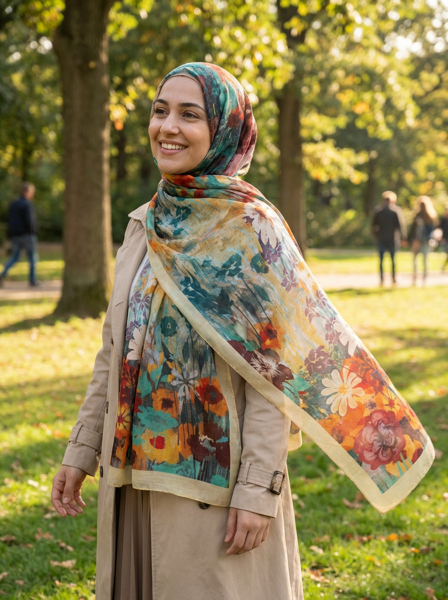 Colorful Blooms Mulberry Silk Scarf - Luxury Print Shawl | P | front view | Maha The Label hijab scarf