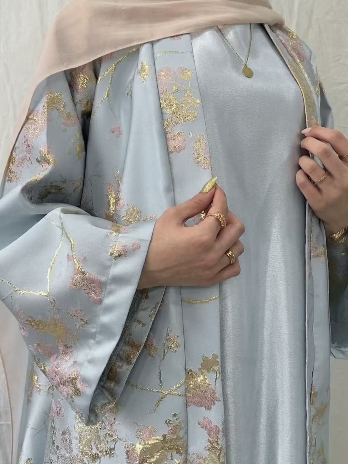 MH98 Sakura Pink Kimono Abaya – Embroidered Eid Abaya with Golden Details（Ship right away））