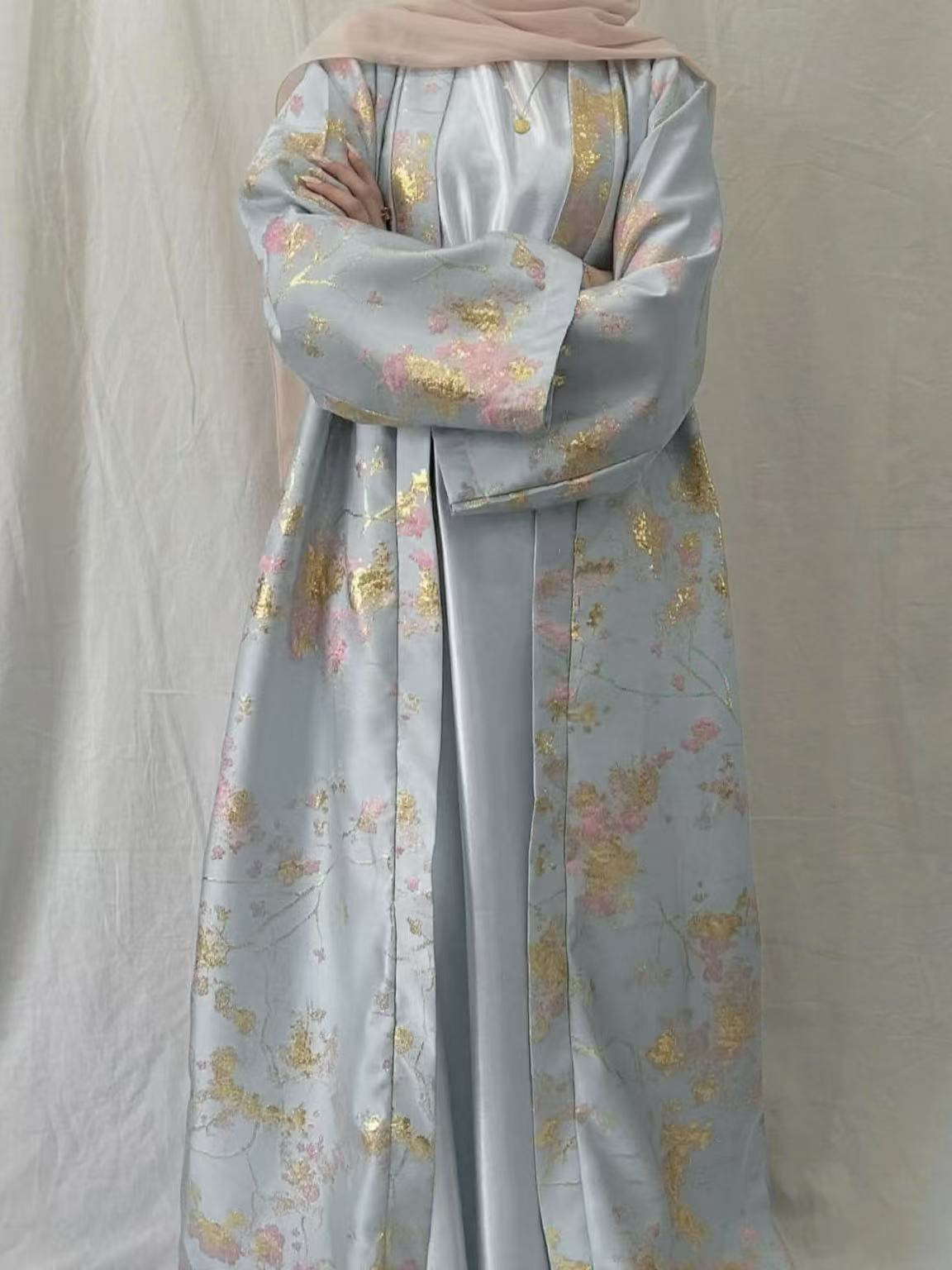 MH98 Sakura Pink Kimono Abaya – Embroidered Eid Abaya with Golden Details（Ship right away））