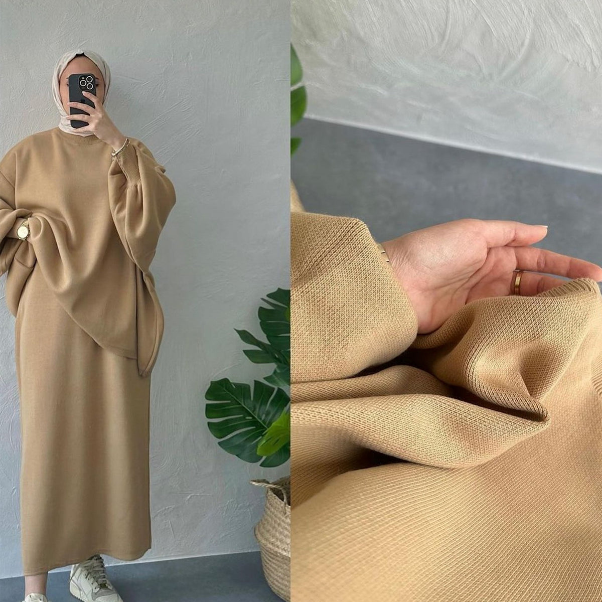 MH74 Muslim Women’s Winter Knit Two-Piece Modest Set (Top + Skirt)