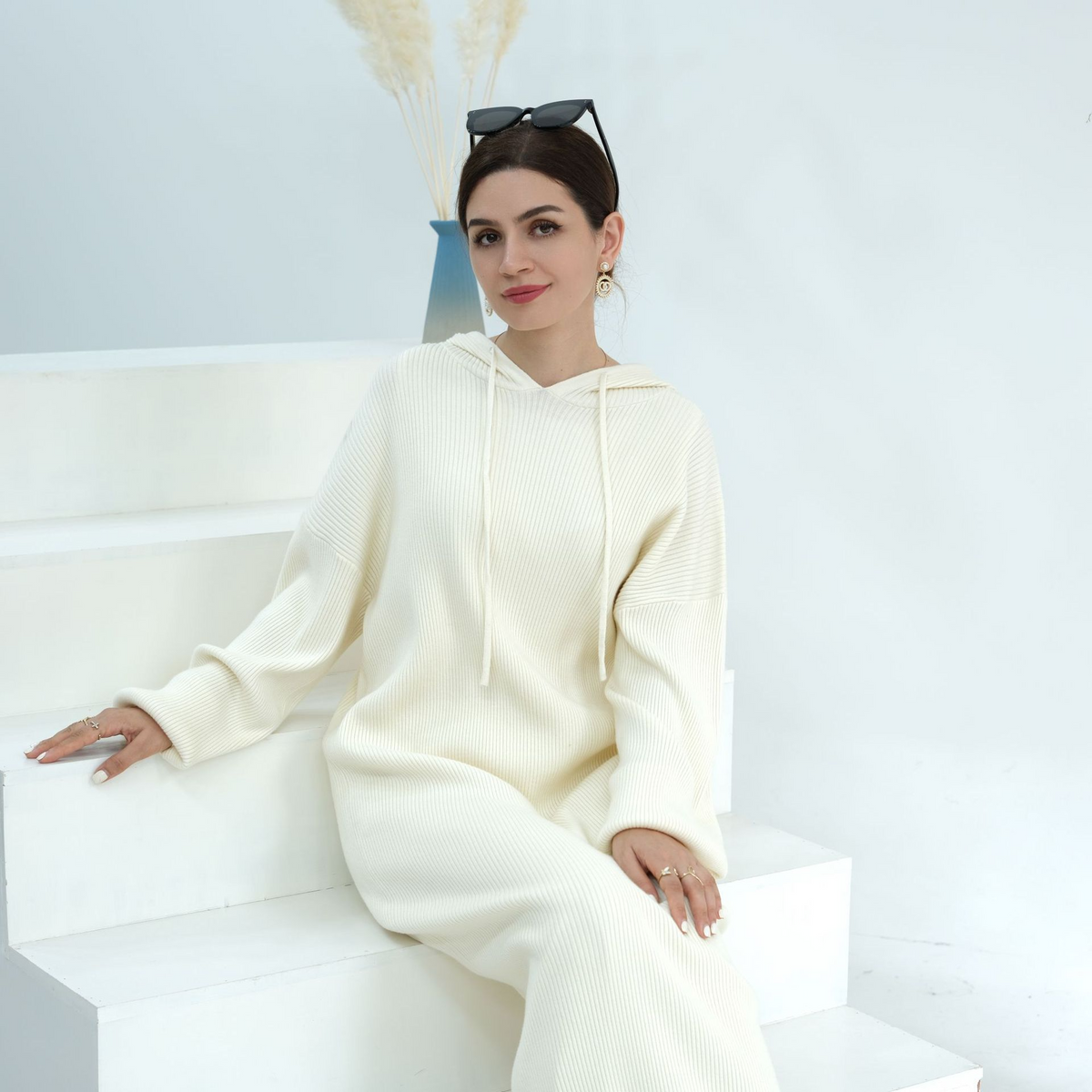 MH79 Hooded Abaya for Women – Thick-Knit Oversized Sweater Dress, Long Sleeve Modest Islamic Dress