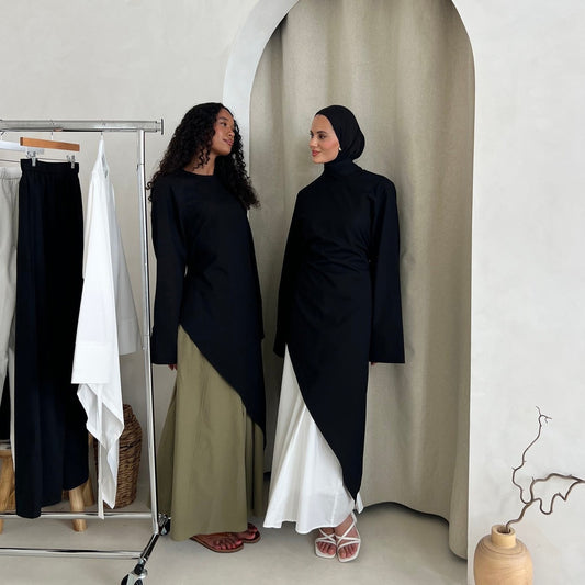 MH87 Modest Cotton-Linen Two-Piece Set – Asymmetric Drape Top & Maxi Skirt | Muslim Women Outfit for Eid & Daily Wear