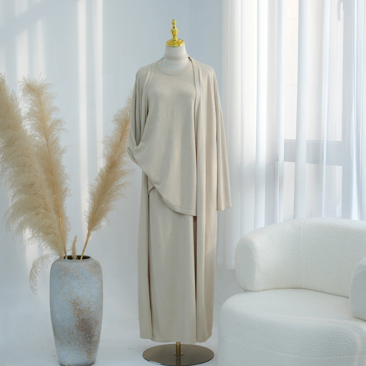 Knitted 3-Piece Set Skirt Top Cardigan | Modest Fashion Outf | back view | Maha The Label modest fashion outfit