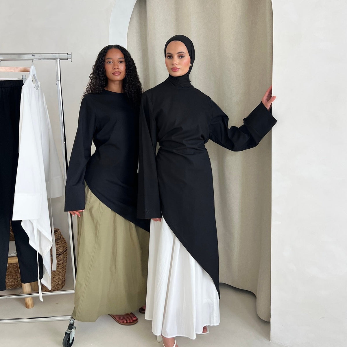 MH87 Modest Cotton-Linen Two-Piece Set – Asymmetric Drape Top & Maxi Skirt | Muslim Women Outfit for Eid & Daily Wear