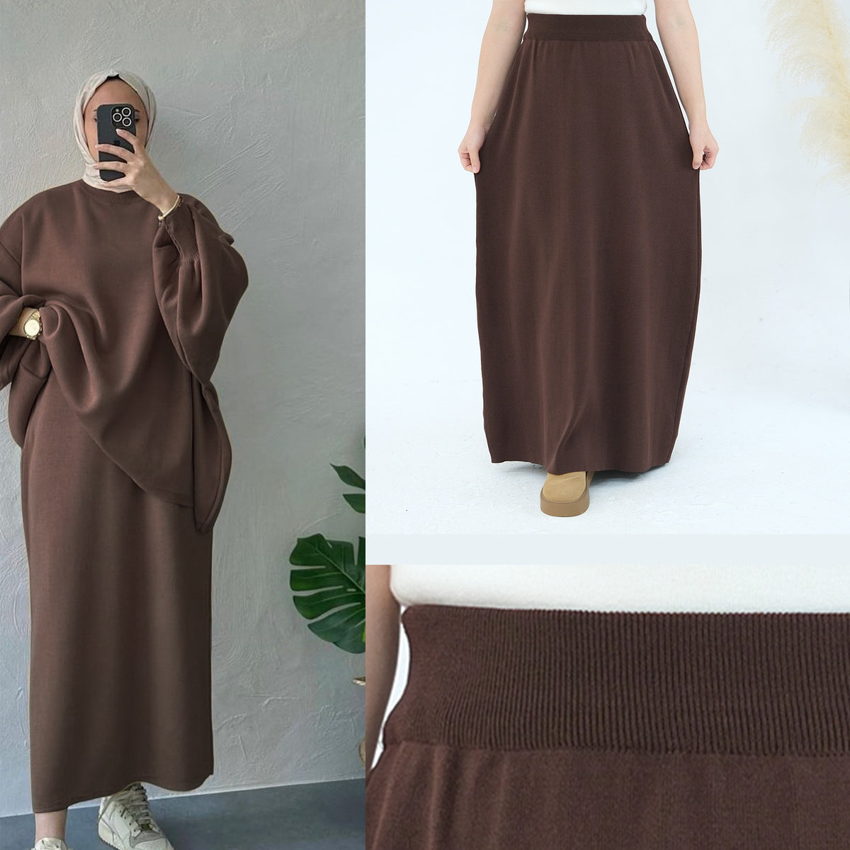 MH74 Muslim Women’s Winter Knit Two-Piece Modest Set (Top + Skirt)