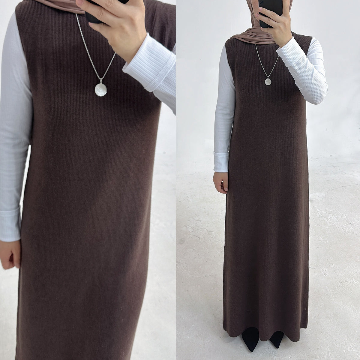 MH82 Winter Knit Abaya Set – 2-Piece Modest Co-ord (Open Cardigan + Inner Dress) with Pockets