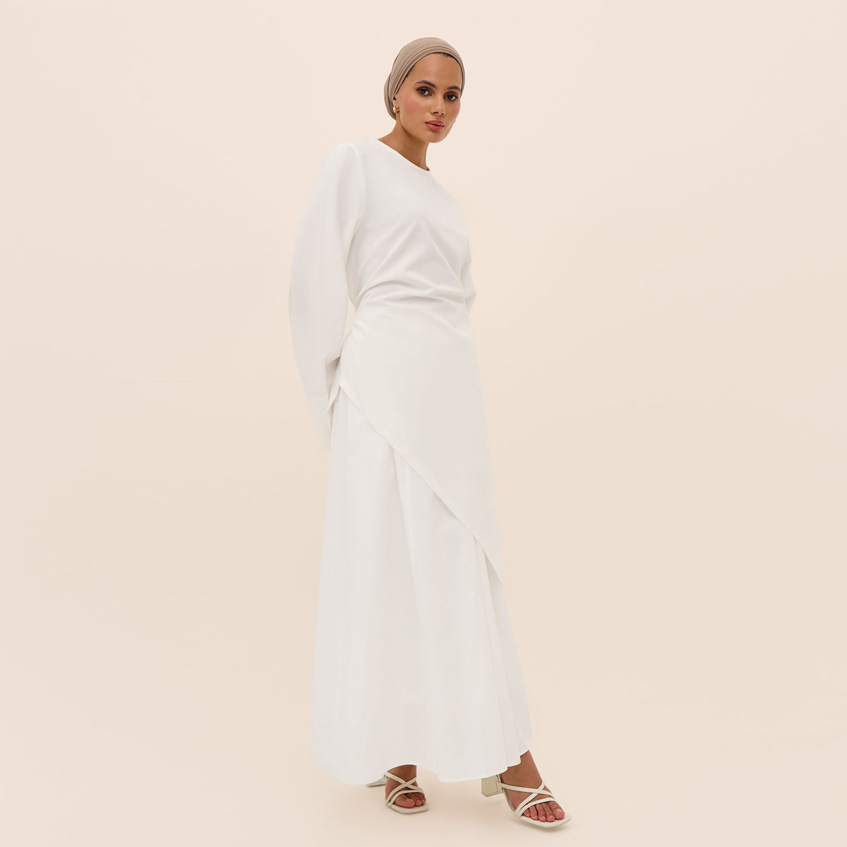 MH87 Modest Cotton-Linen Two-Piece Set – Asymmetric Drape Top & Maxi Skirt | Muslim Women Outfit for Eid & Daily Wear