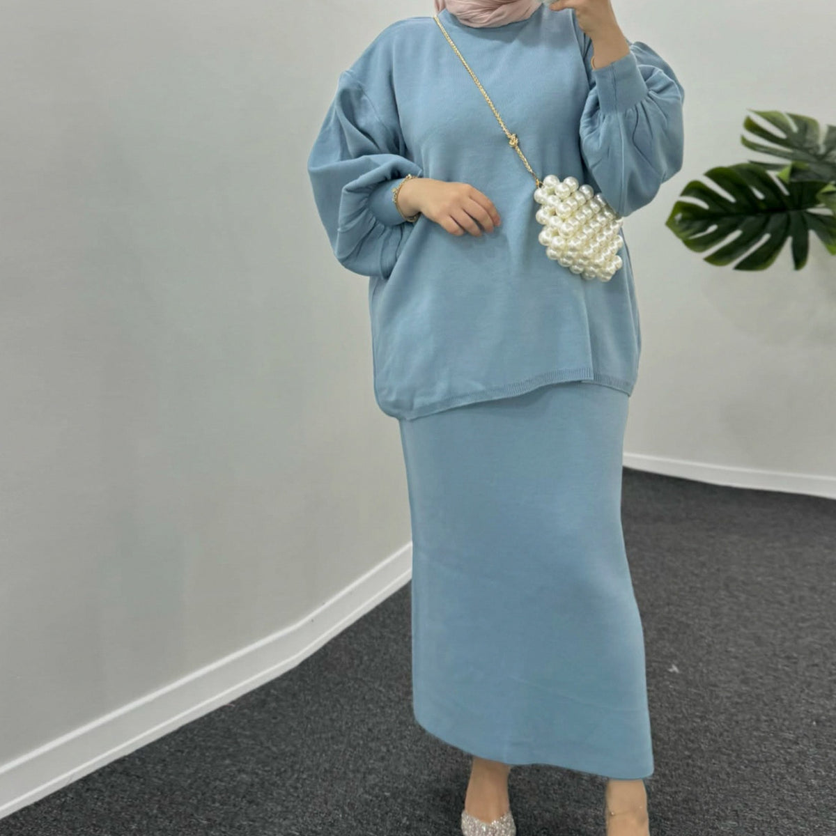 MH74 Muslim Women’s Winter Knit Two-Piece Modest Set (Top + Skirt)