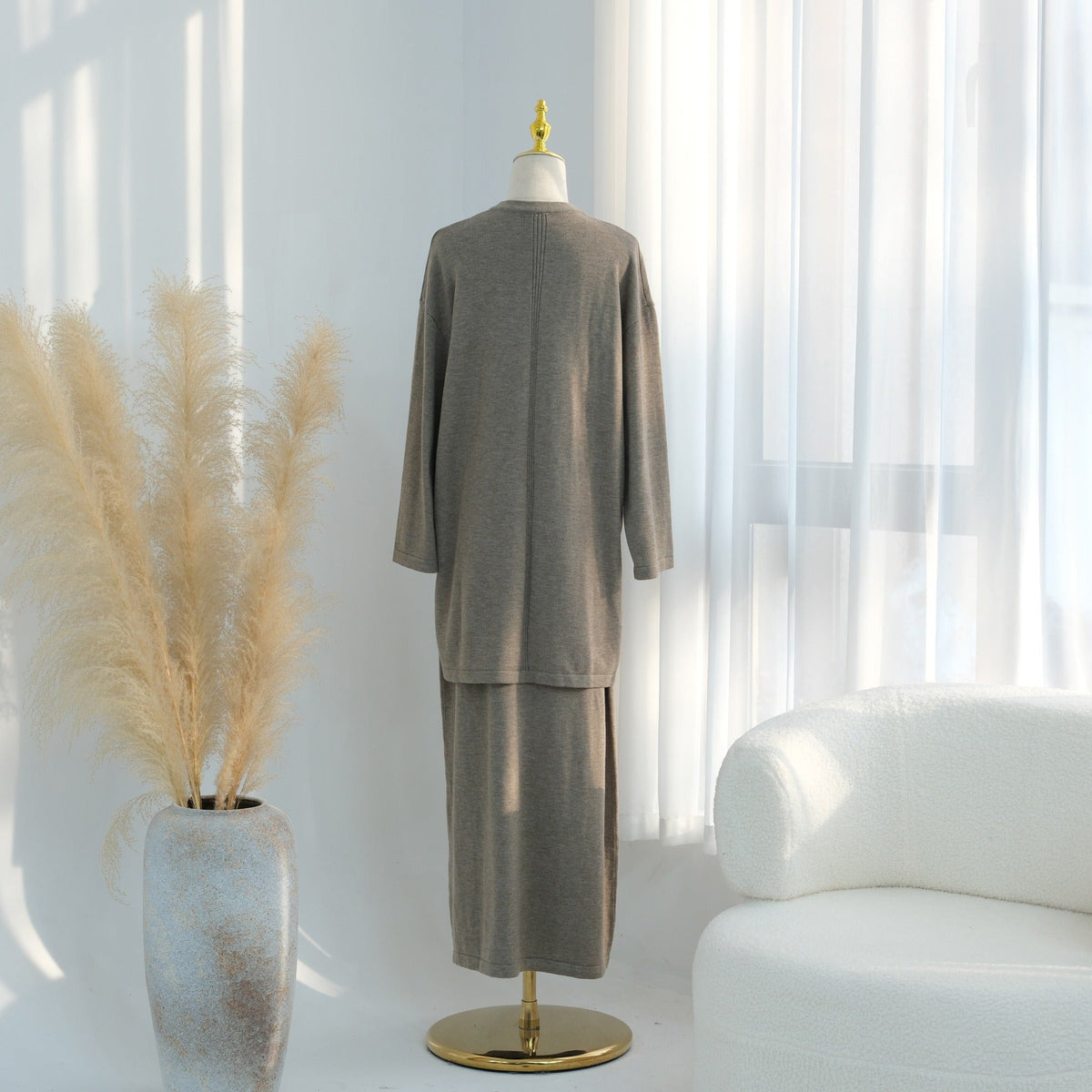 Knitted 3-Piece Set Skirt Top Cardigan | Modest Fashion Outf | full length view | Maha The Label modest fashion outfit