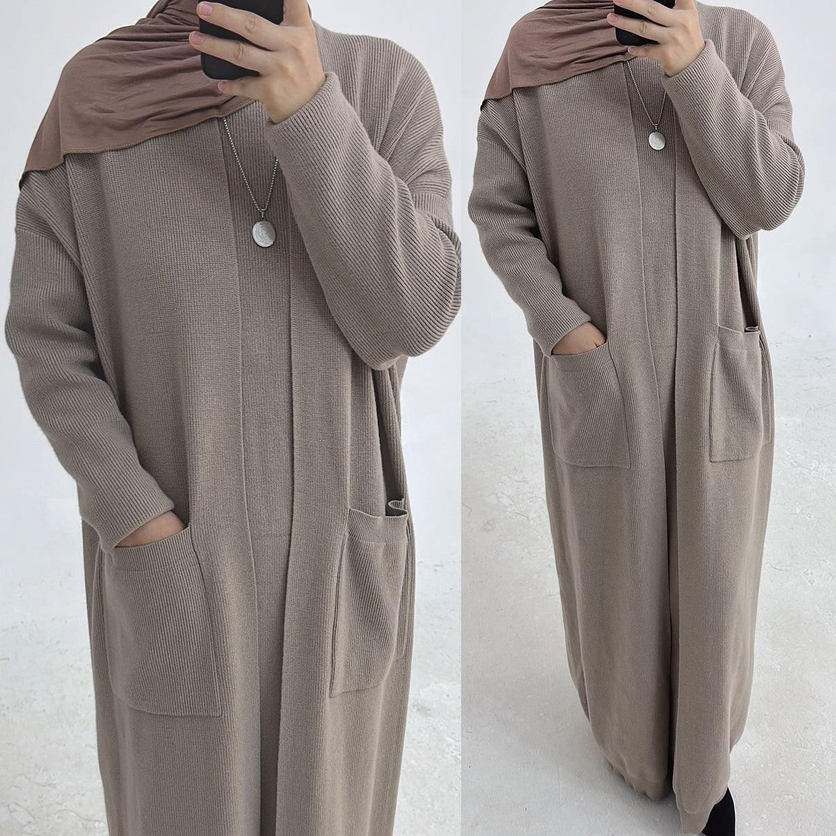 MH82 Winter Knit Abaya Set – 2-Piece Modest Co-ord (Open Cardigan + Inner Dress) with Pockets