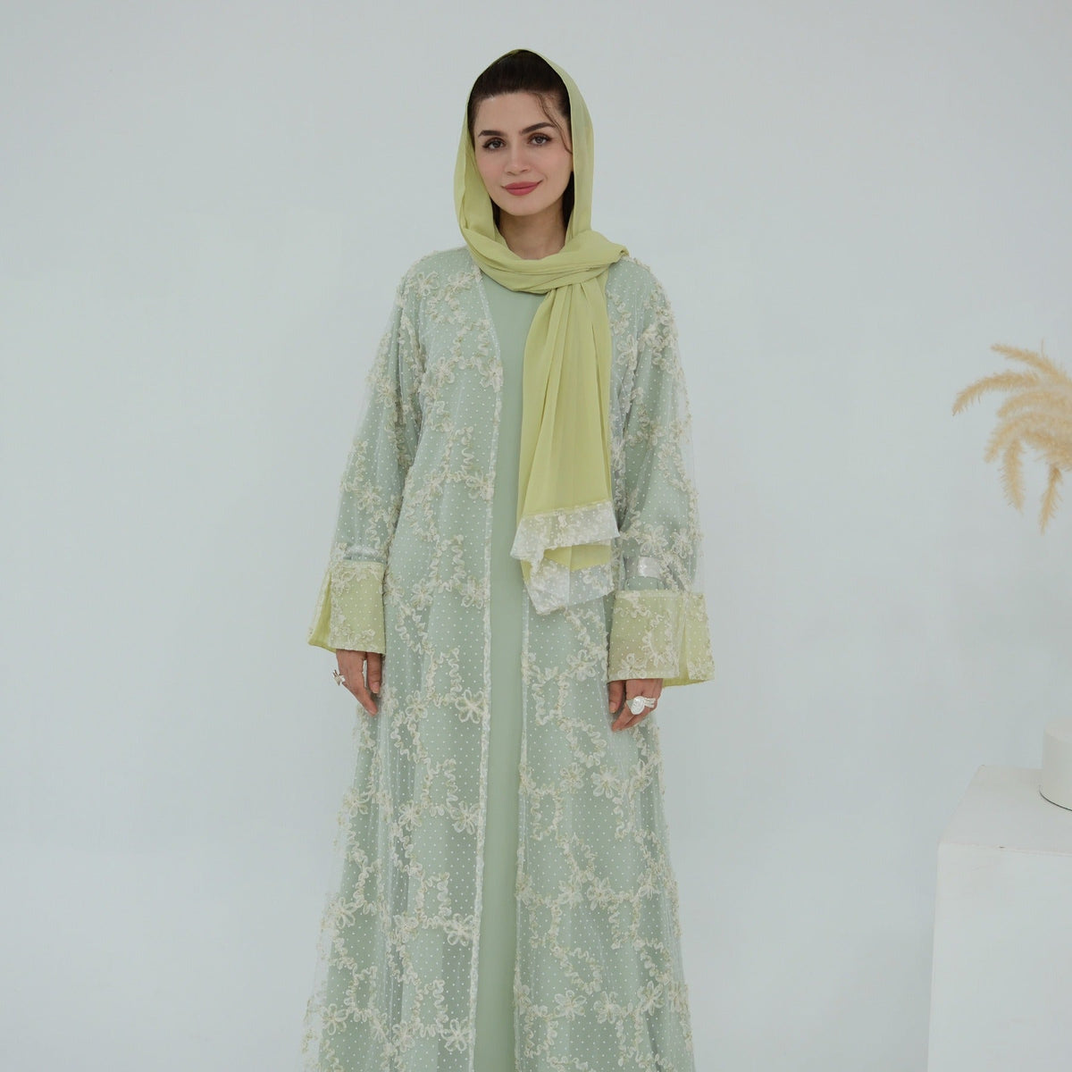 MH135 3D Floral Mesh Cardigan Abaya Set with Hijab – Elegant Modest Open Front Dress for Muslim Women
