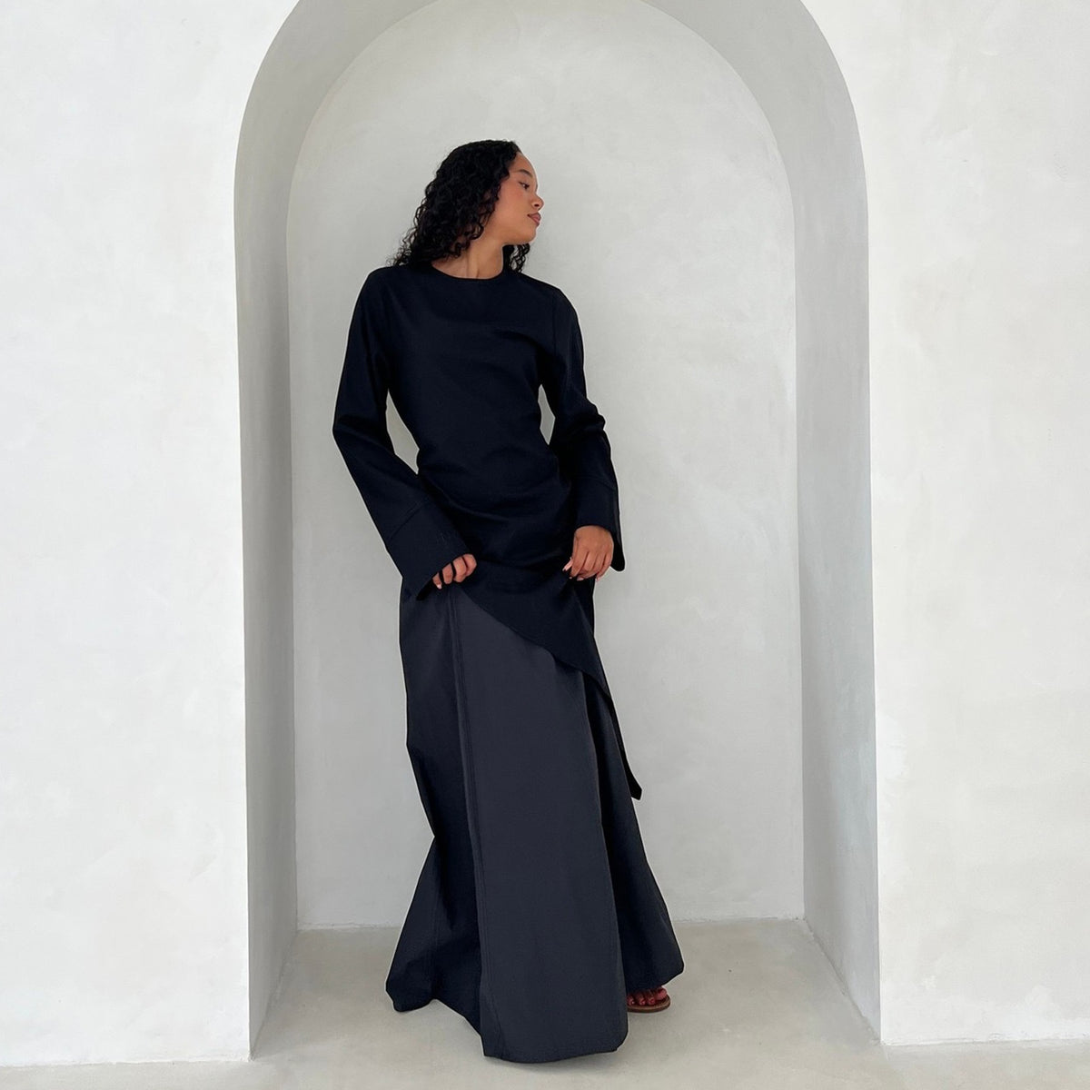 MH87 Modest Cotton-Linen Two-Piece Set – Asymmetric Drape Top & Maxi Skirt | Muslim Women Outfit for Eid & Daily Wear
