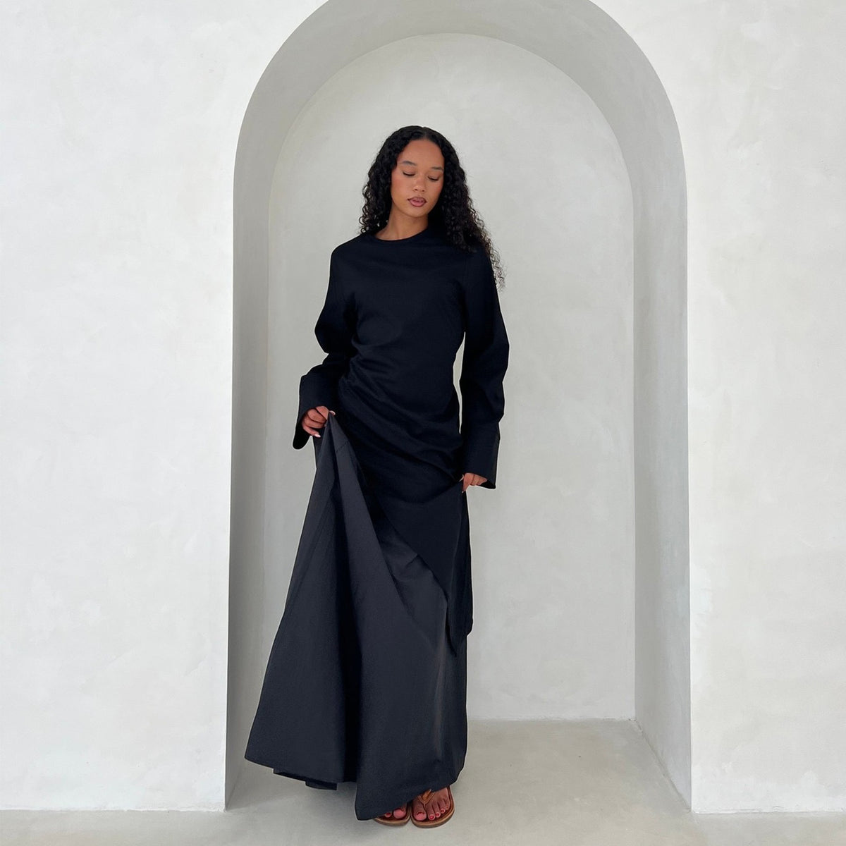 MH87 Modest Cotton-Linen Two-Piece Set – Asymmetric Drape Top & Maxi Skirt | Muslim Women Outfit for Eid & Daily Wear