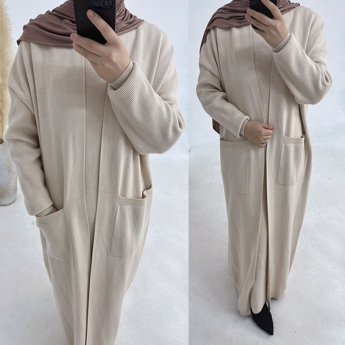 MH82 Winter Knit Abaya Set – 2-Piece Modest Co-ord (Open Cardigan + Inner Dress) with Pockets