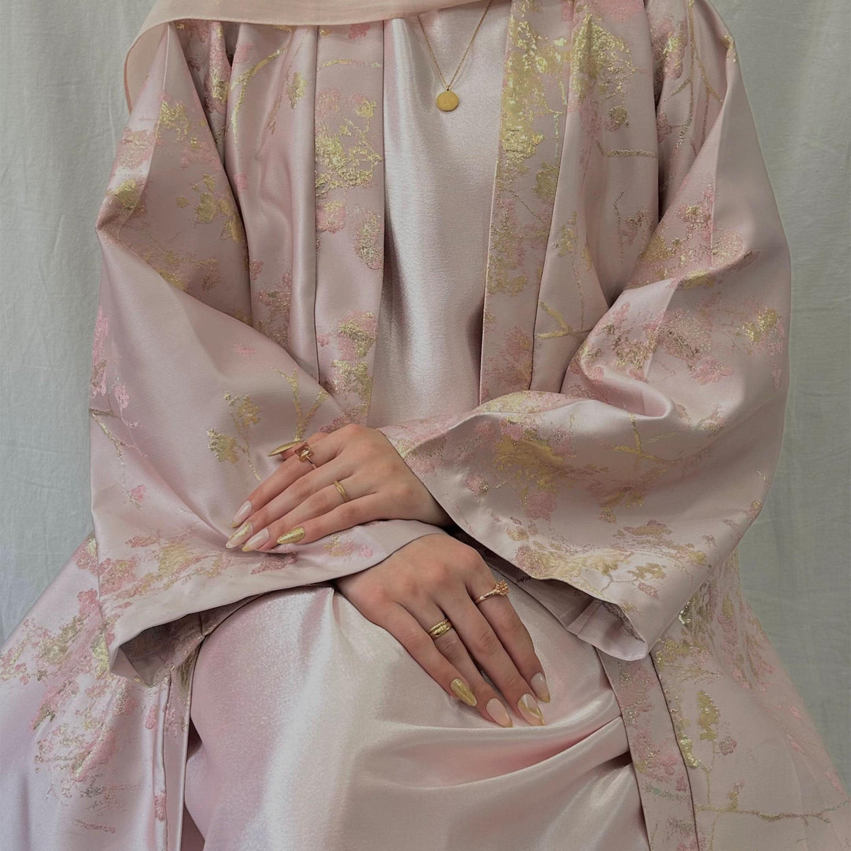 MH98 Sakura Pink Kimono Abaya – Embroidered Eid Abaya with Golden Details（Ship right away））