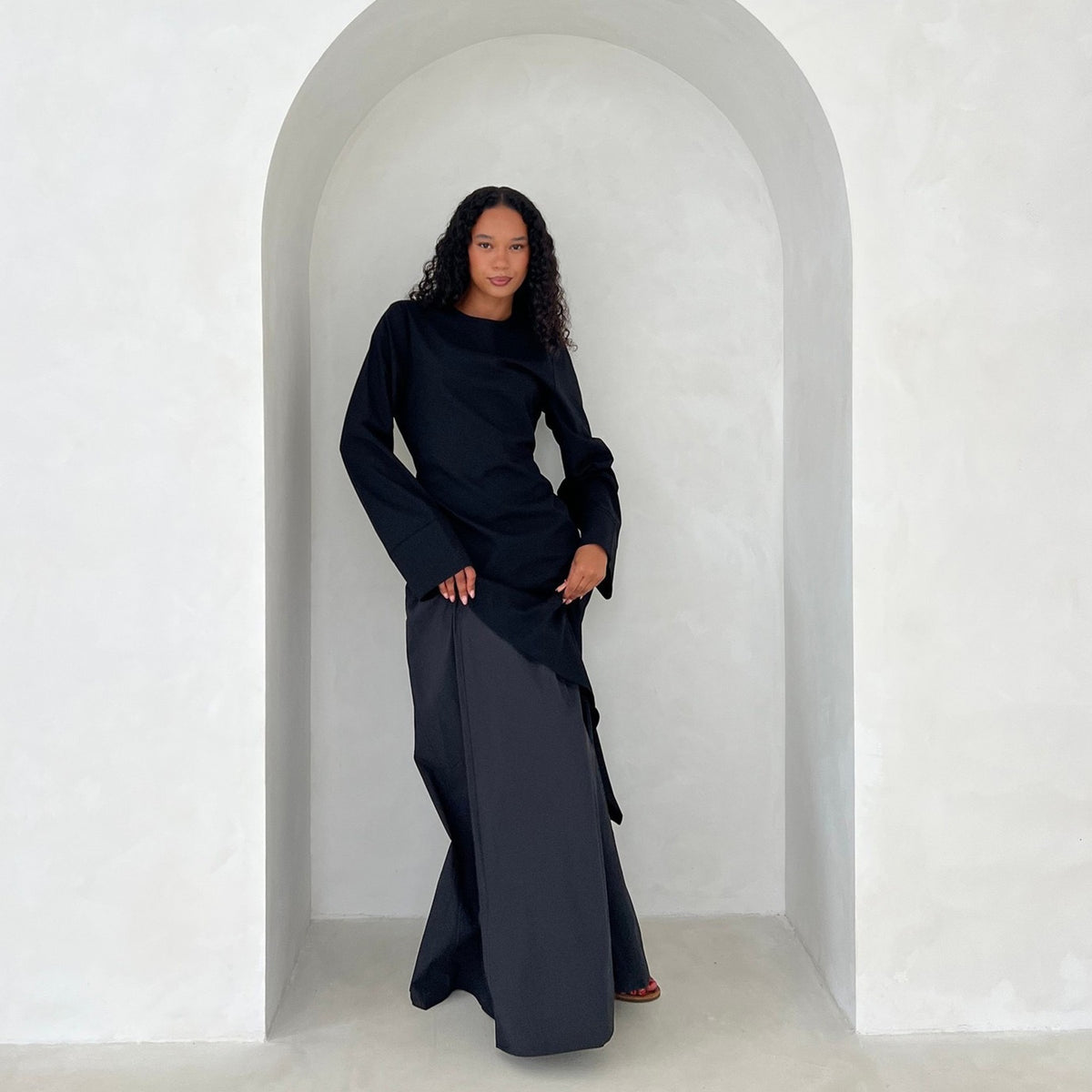 MH87 Modest Cotton-Linen Two-Piece Set – Asymmetric Drape Top & Maxi Skirt | Muslim Women Outfit for Eid & Daily Wear