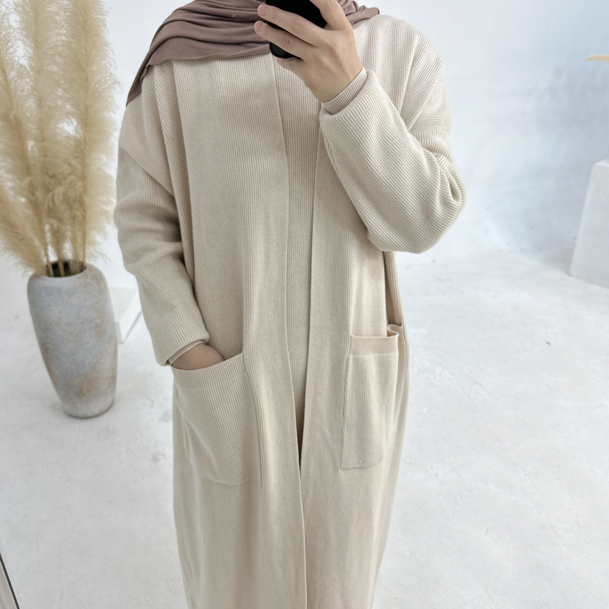 MH82 Winter Knit Abaya Set – 2-Piece Modest Co-ord (Open Cardigan + Inner Dress) with Pockets