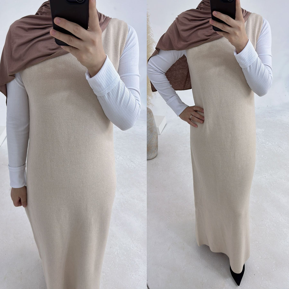 MH82 Winter Knit Abaya Set – 2-Piece Modest Co-ord (Open Cardigan + Inner Dress) with Pockets