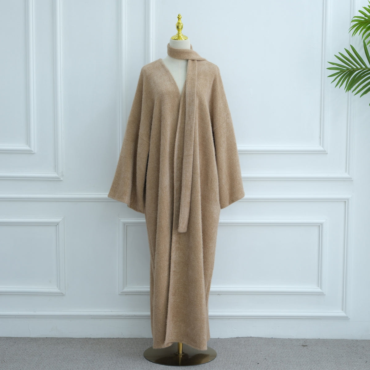 MH97 Velvet Open Abaya Cardigan with Belt – Long Sleeve Modest Outerwear
