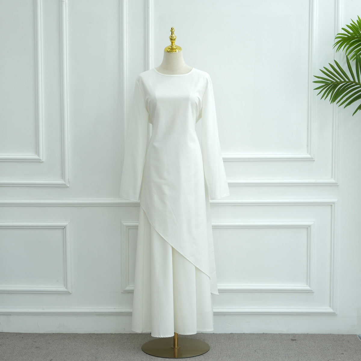MH87 Modest Cotton-Linen Two-Piece Set – Asymmetric Drape Top & Maxi Skirt | Muslim Women Outfit for Eid & Daily Wear