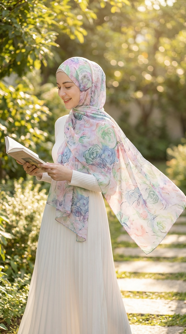 Diamond Pink Rose Mulberry Silk Scarf - Luxury Print Shawl | | side view | Maha The Label hijab scarf
