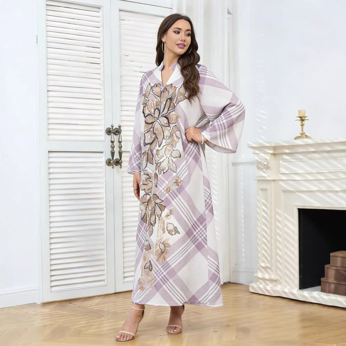 MH128 Plaid Sequin Embroidered Abaya Dress – Elegant Modest Party Maxi for Muslim Women