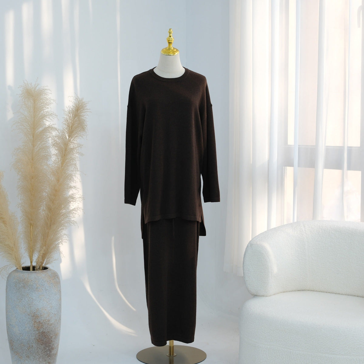Knitted 3-Piece Set Skirt Top Cardigan | Modest Fashion Outf | model wearing | Maha The Label modest fashion outfit
