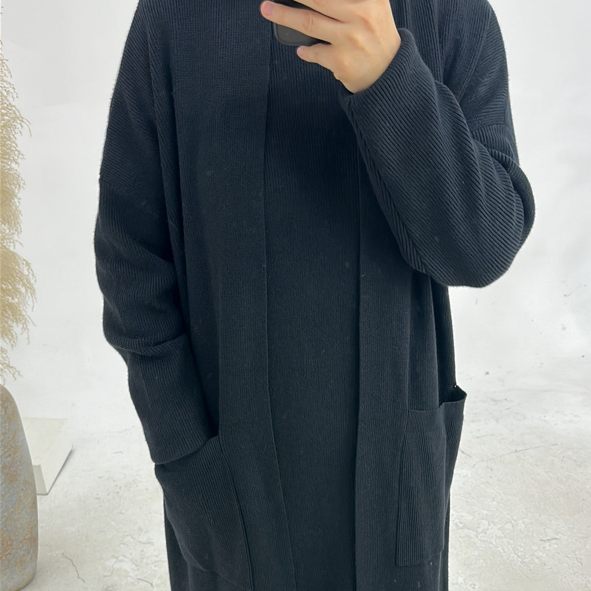 MH82 Winter Knit Abaya Set – 2-Piece Modest Co-ord (Open Cardigan + Inner Dress) with Pockets